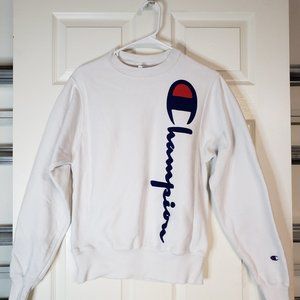 Champion Reverse Weave Crew Neck Sweatshirt White With Champion Logo X-Small